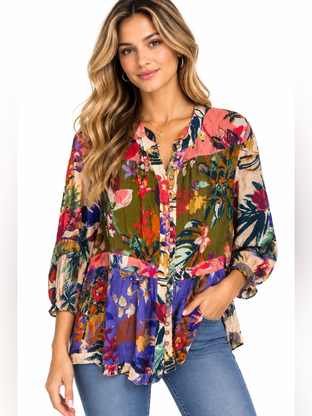 John Mark Size Large Boho Floral Patchwork Button-Front Blouse - Multicolor